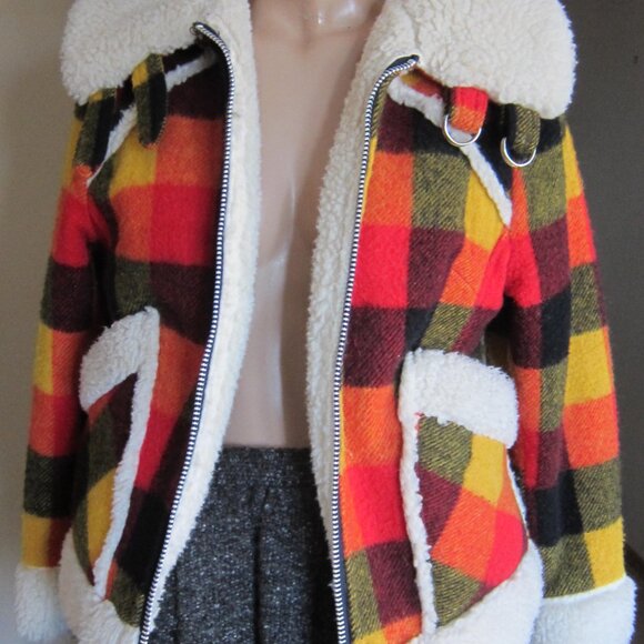 Vintage 70s LADY UTEX Retro Orange Plaid Wool Sherpa Bomber Jacket Canada - Picture 9 of 10